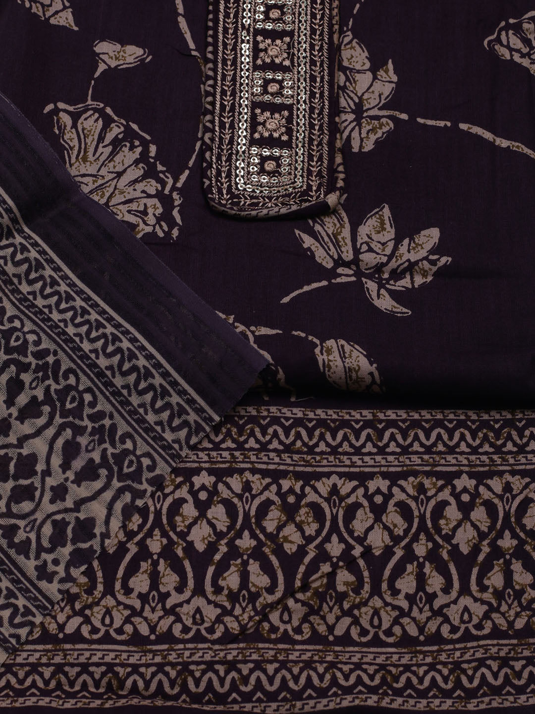 Patch Neck Cotton Blend Unstitched Suit With Dupatta