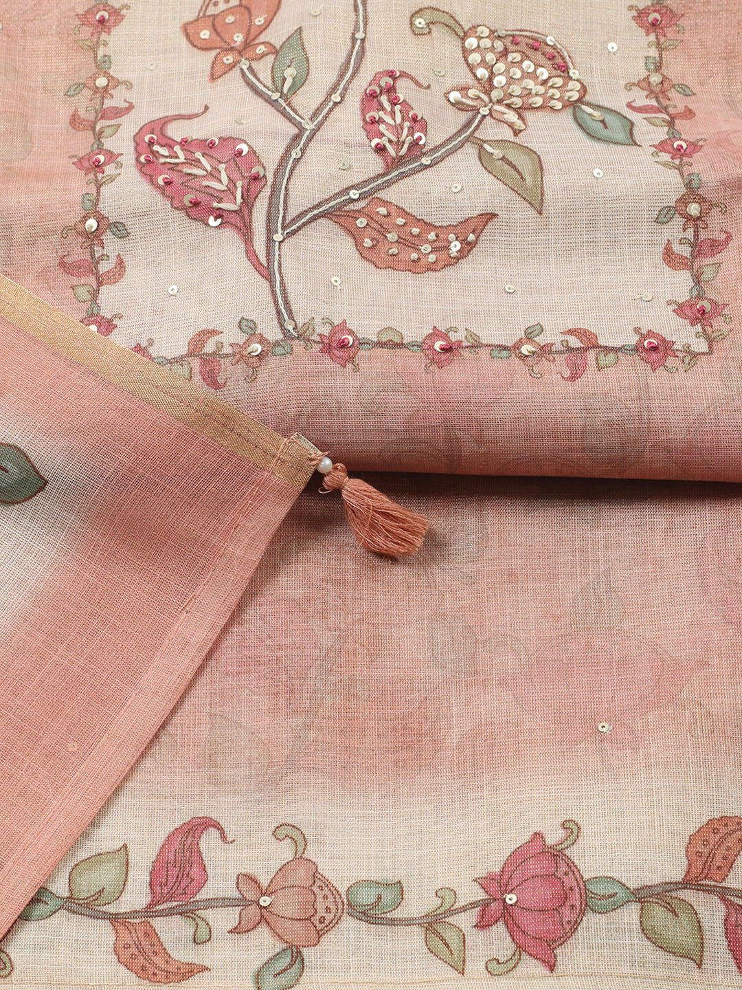 Printed Linen Blend Unstitched Suit With Pant &amp; Dupatta
