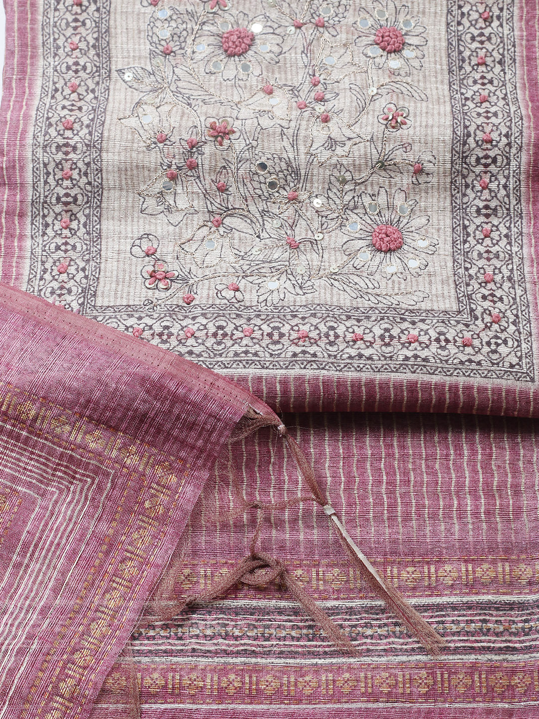 Embroidered Chanderi Unstitched Suit With Pant &amp; Dupatta