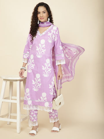 Floral Printed Cotton Kurta With Pants & Dupatta