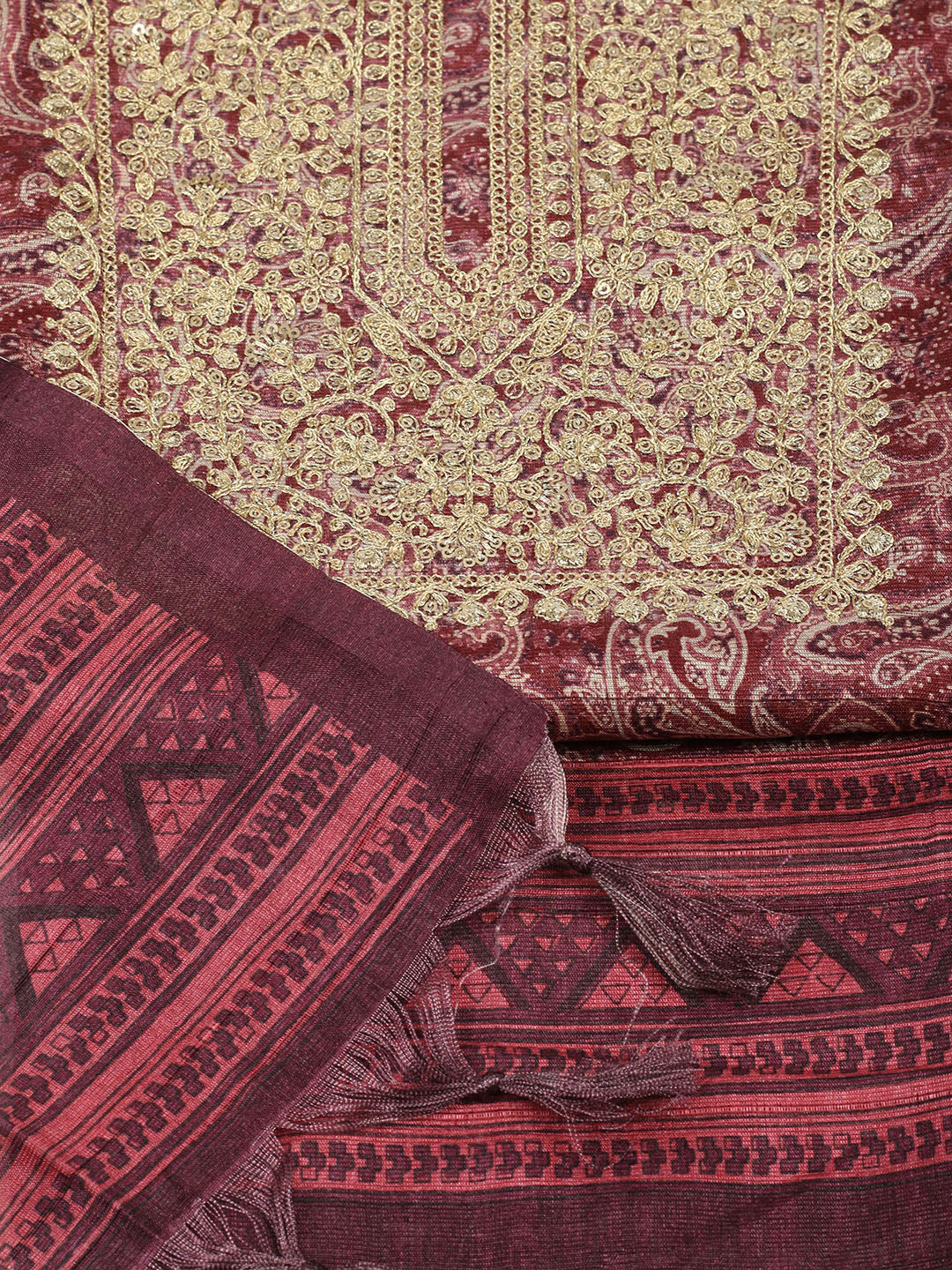 Embroidered Chanderi Unstitched Suit With Pant &amp; Dupatta