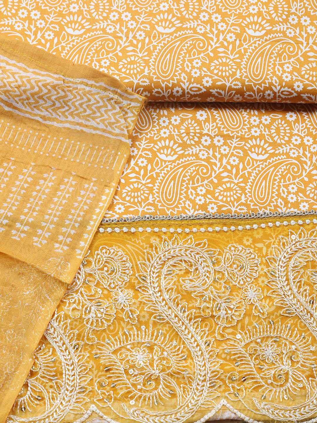 Printed Cotton Blend Unstitched Suit With Pant &amp; Dupatta