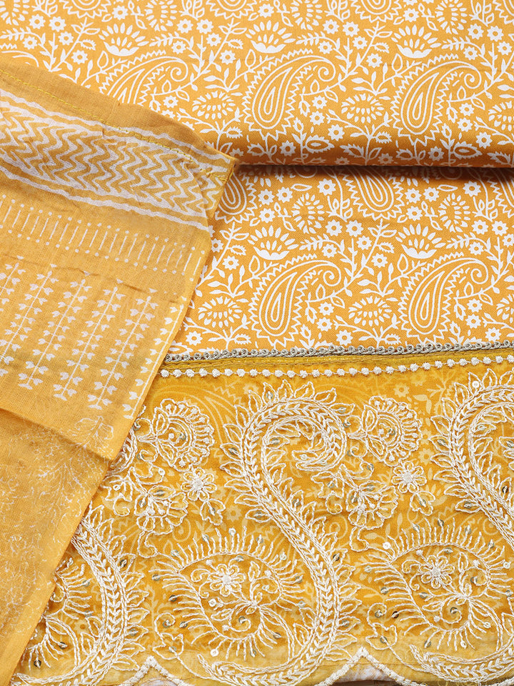 Printed Cotton Blend Unstitched Suit With Pant &amp; Dupatta
