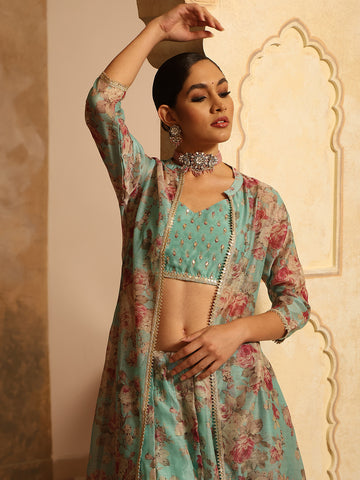 Floral Printed Chanderi Choli With Skirt & Jacket