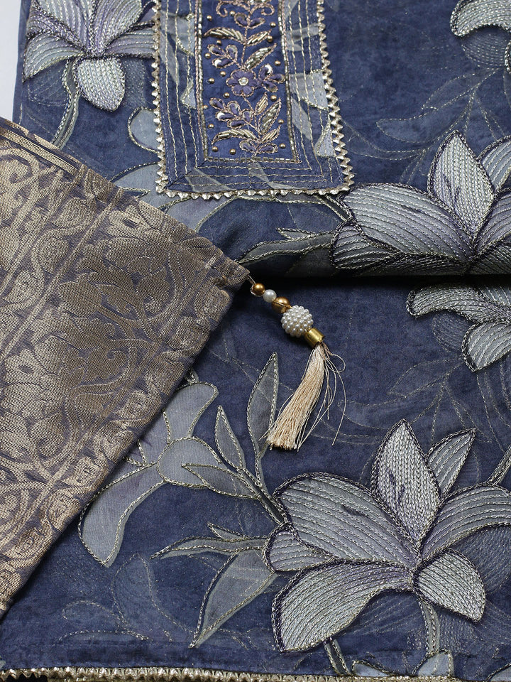 Embroidered Organza Unstitched Suit With Pant &amp; Dupatta