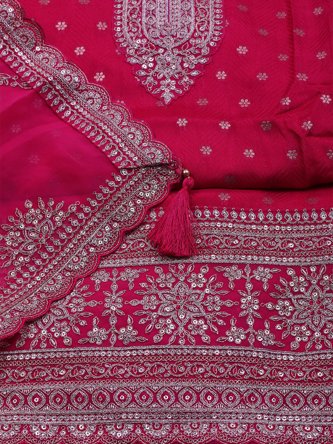 Neck Embroidered Chanderi Unstitched Suit With Dupatta