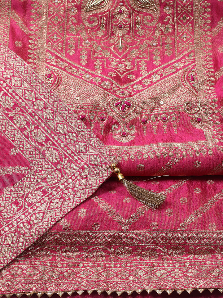 Woven Design Chanderi Unstitched Kurta With Pant &amp; Dupatta