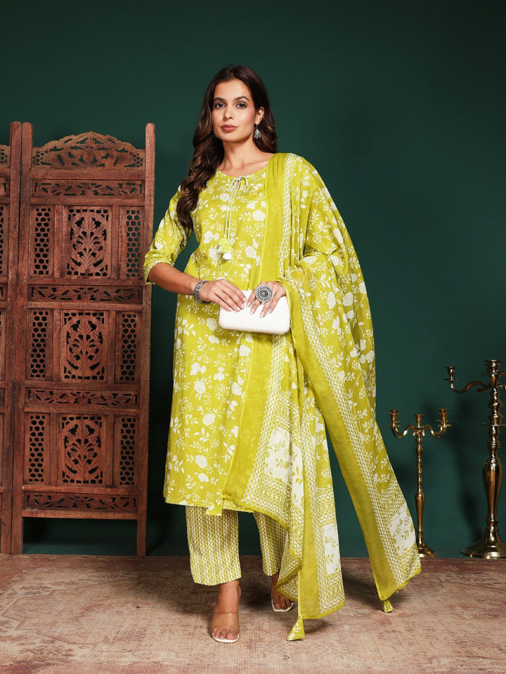 Printed Cotton Blend Kurta With Pant &amp; Dupatta