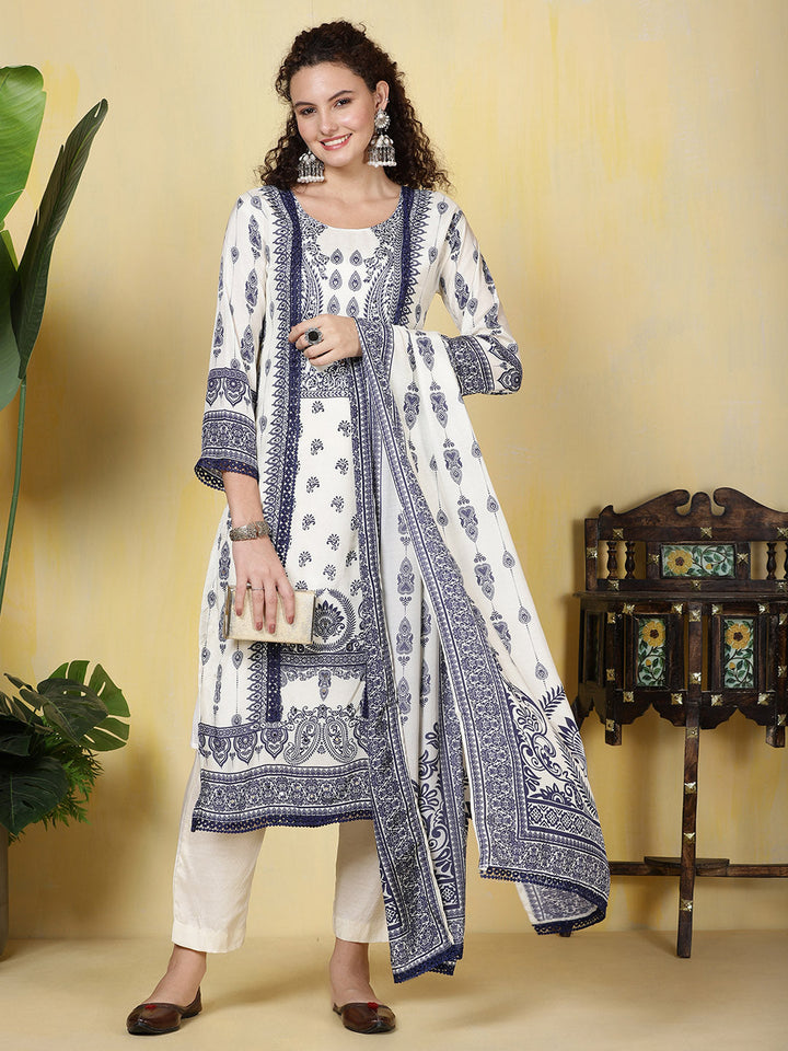 Printed Muslin Kurta With Pants &amp; Dupatta