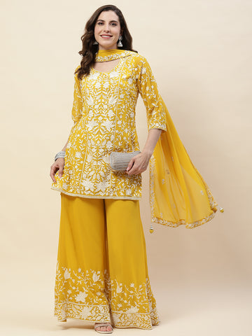 Resham Embroidery Georgette Kurta With Sharara & Dupatta