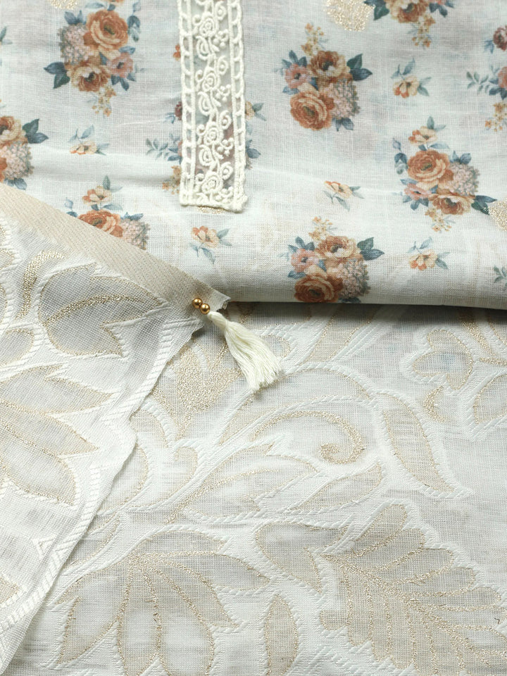 Embroidered Linen Blend Unstitched Suit With Pant &amp; Dupatta