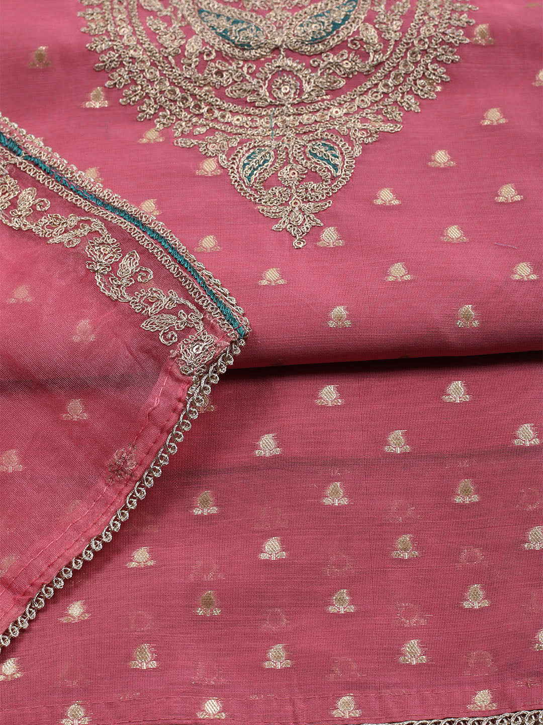 Neck Embroidered Chanderi Unstitched Suit With Dupatta