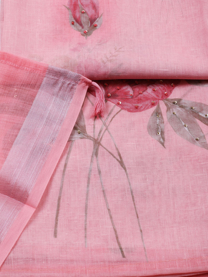 Embroidered Linen Blend Unstitched Suit With Pant &amp; Dupatta