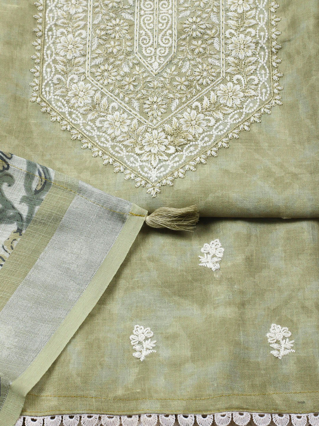 Embroidered Linen Blend Unstitched Suit With Pant Dupatta