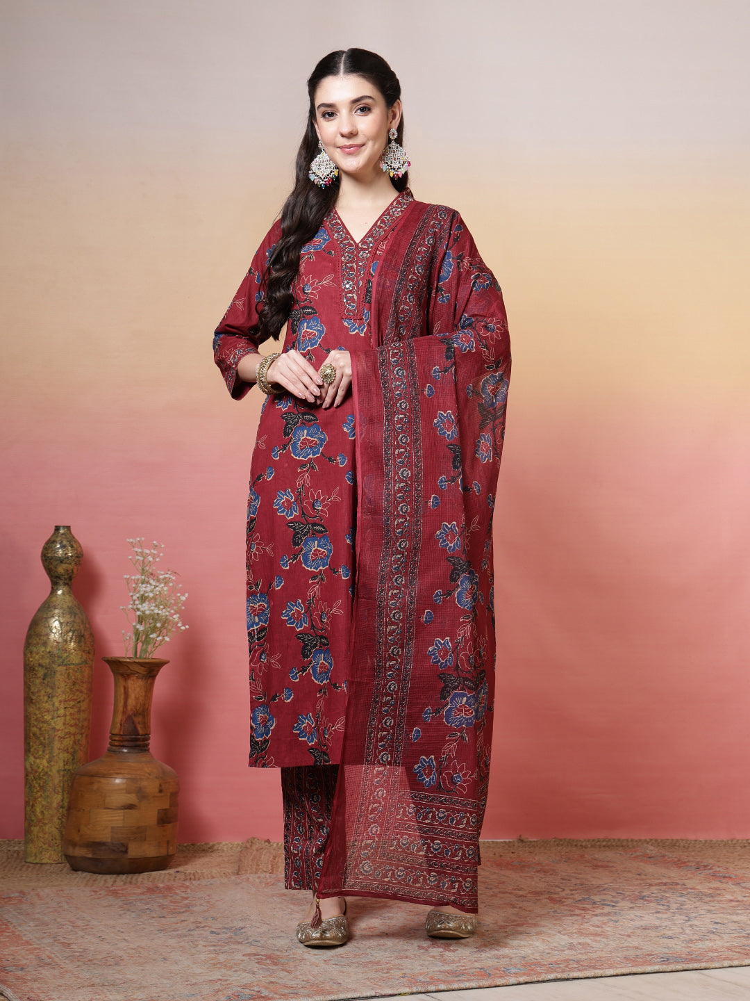 Embroidered Cotton Kurta With Pant &amp; Dupatta