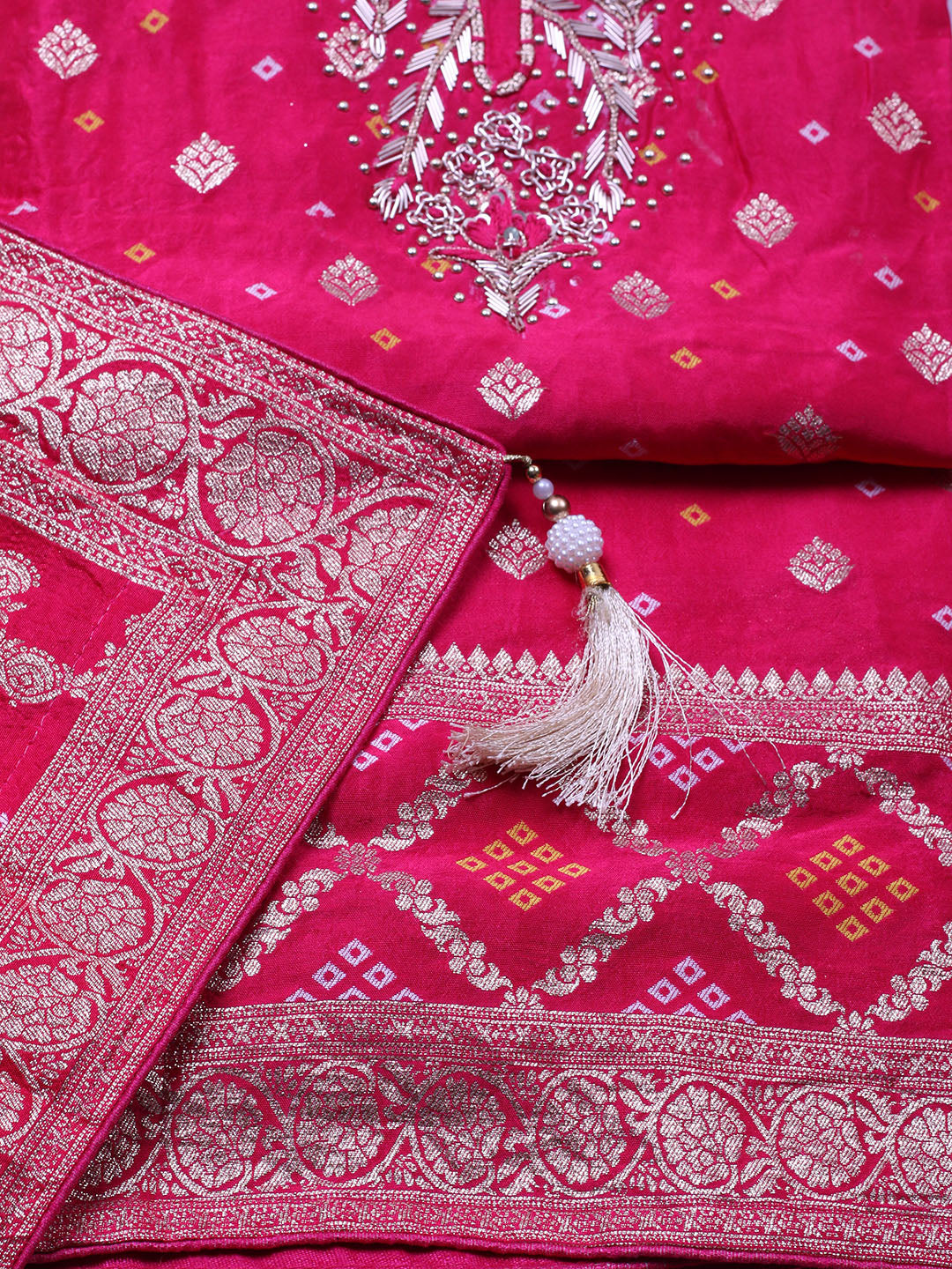 Embroidered Chanderi Unstitched Suit With Pant &amp; Dupatta