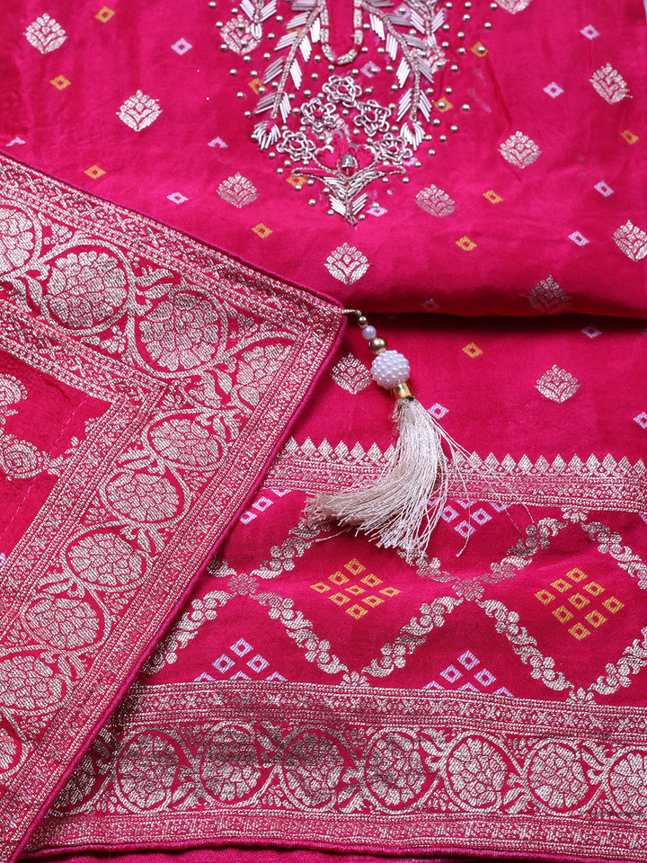 Embroidered Chanderi Unstitched Suit With Pant &amp; Dupatta