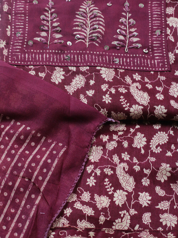 Printed Cotton Blend Unstitched Suit With Pant &amp; Dupatta