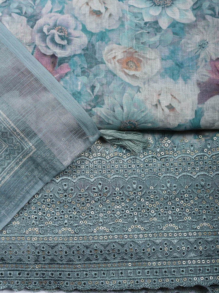 Embroidered Linen Blend Unstitched Suit With Pant &amp; Dupatta