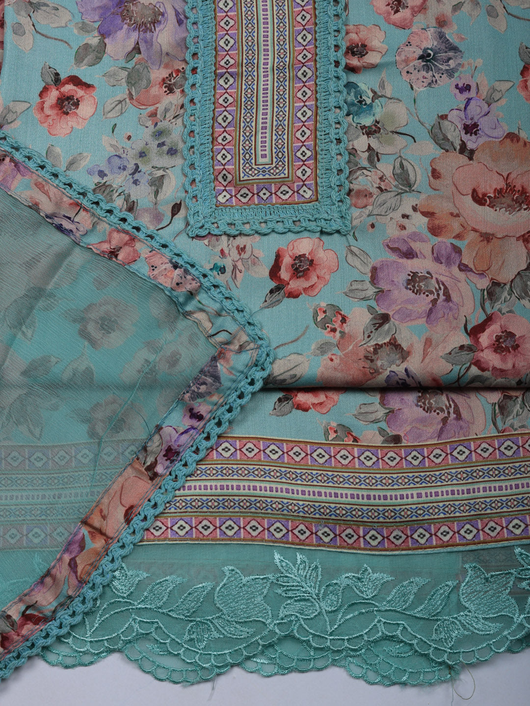Embroidered Cotton Blend Unstitched Suit With Pant &amp; Dupatta