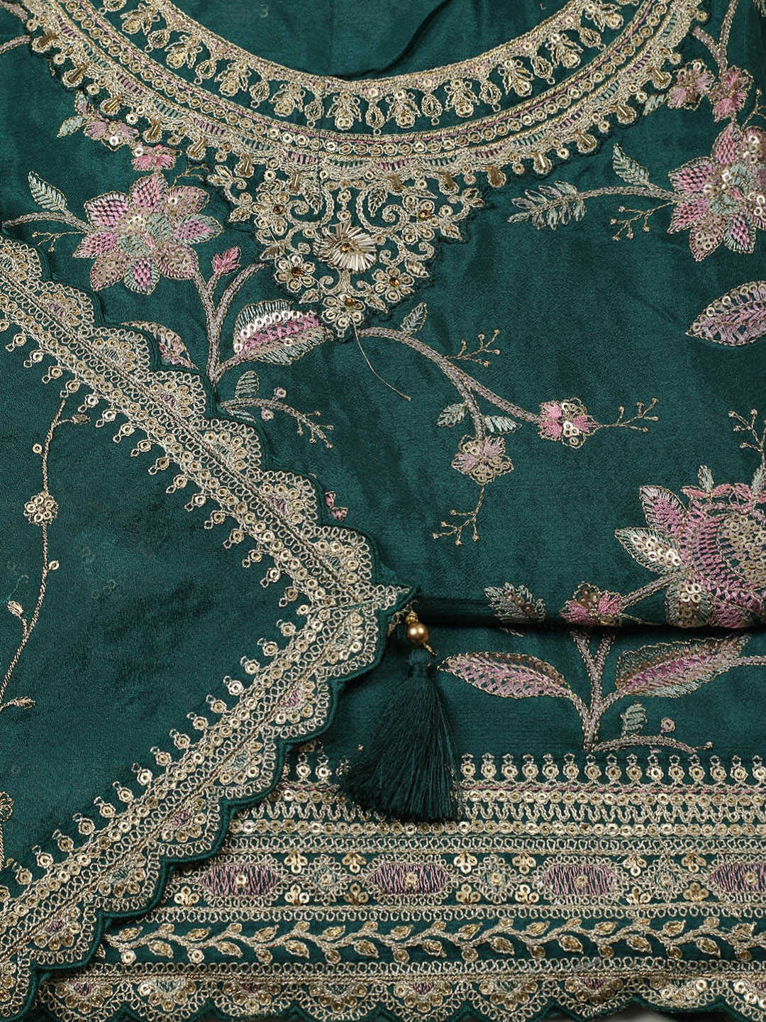 Embroidered Chinon Unstitched Suit With Pant &amp; Dupatta