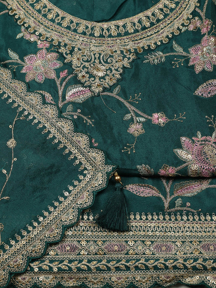Embroidered Chinon Unstitched Suit With Pant &amp; Dupatta