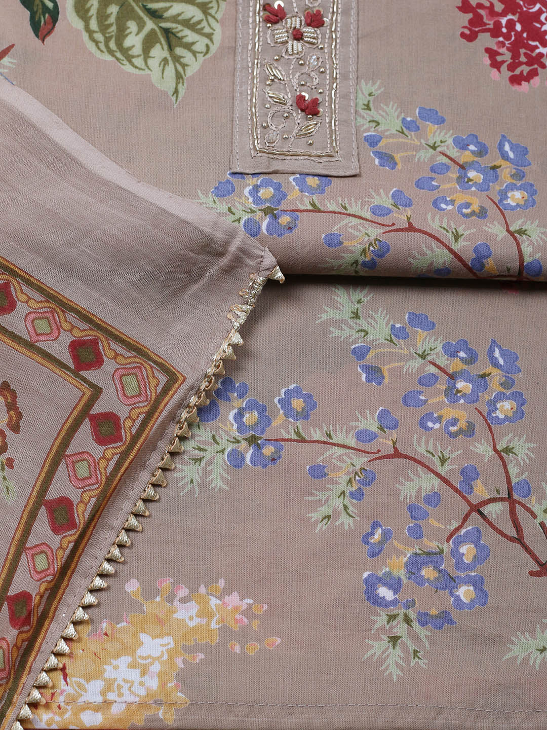 Embroidered Cotton Blend Unstitched Suit With Pant &amp; Dupatta
