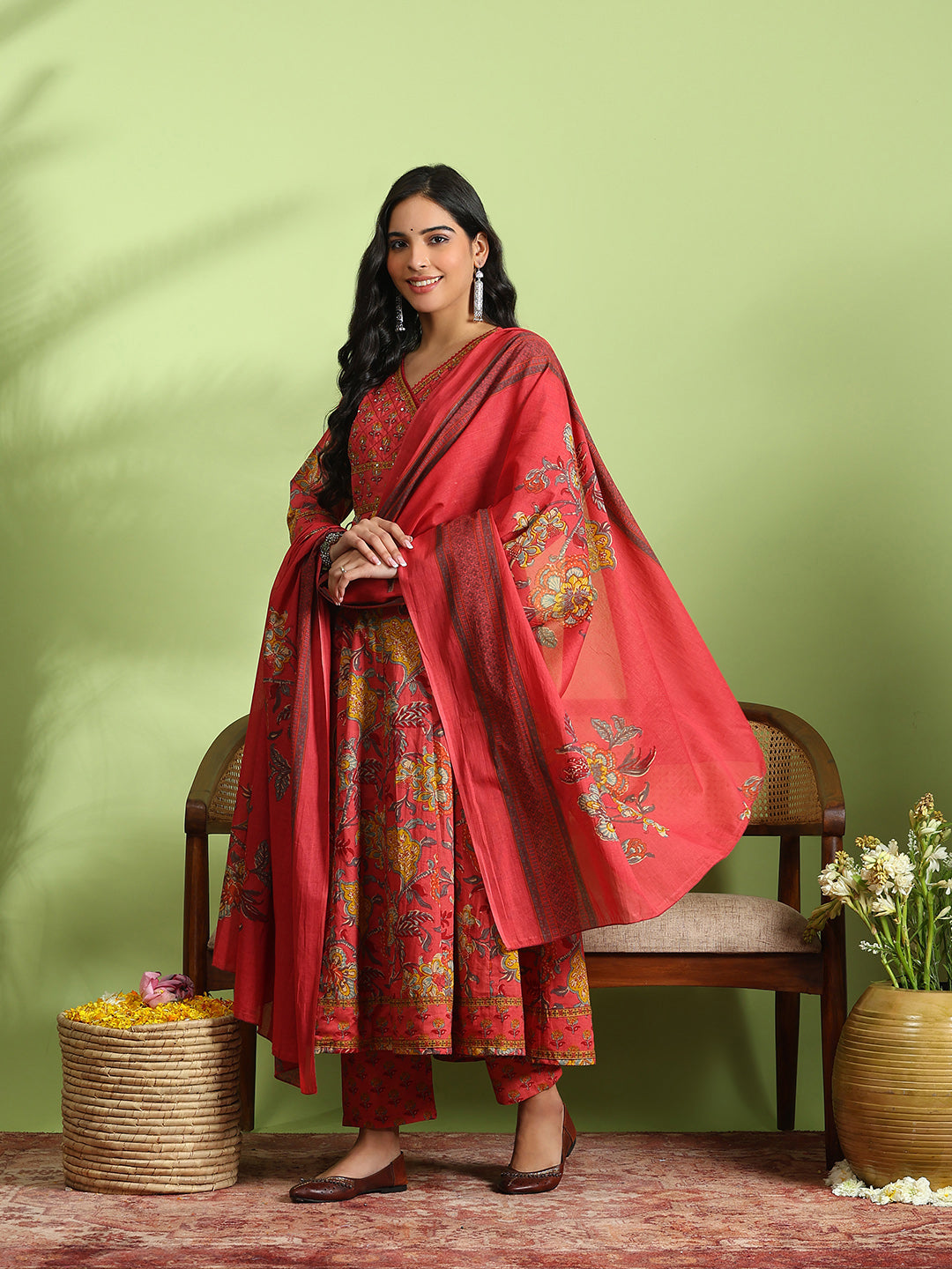 Printed Cotton Kurta With Pant &amp; Dupatta