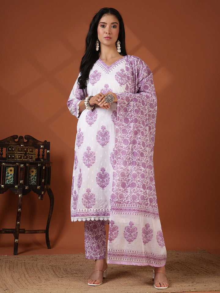 Printed Cotton Blend Kurta With Pant &amp; Dupatta