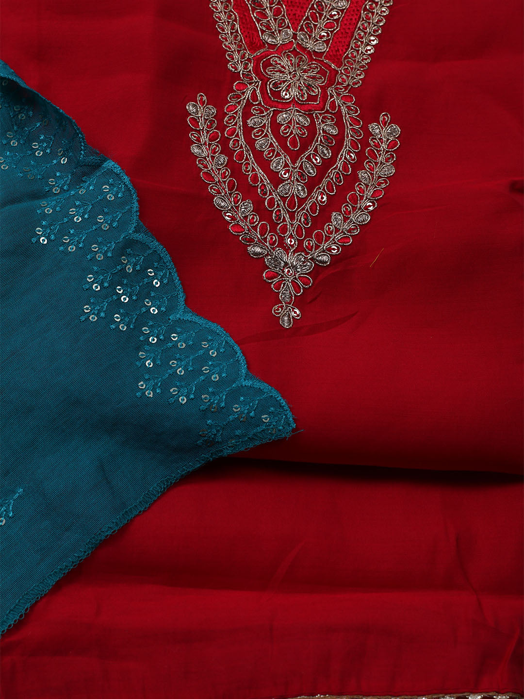 Neck Embroidered Chanderi Unstitched Suit With Dupatta