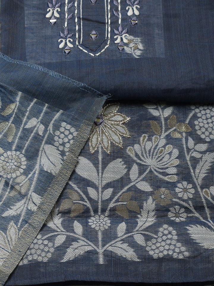 Embroidered Cotton Blend Unstitched Suit With Pant &amp; Dupatta