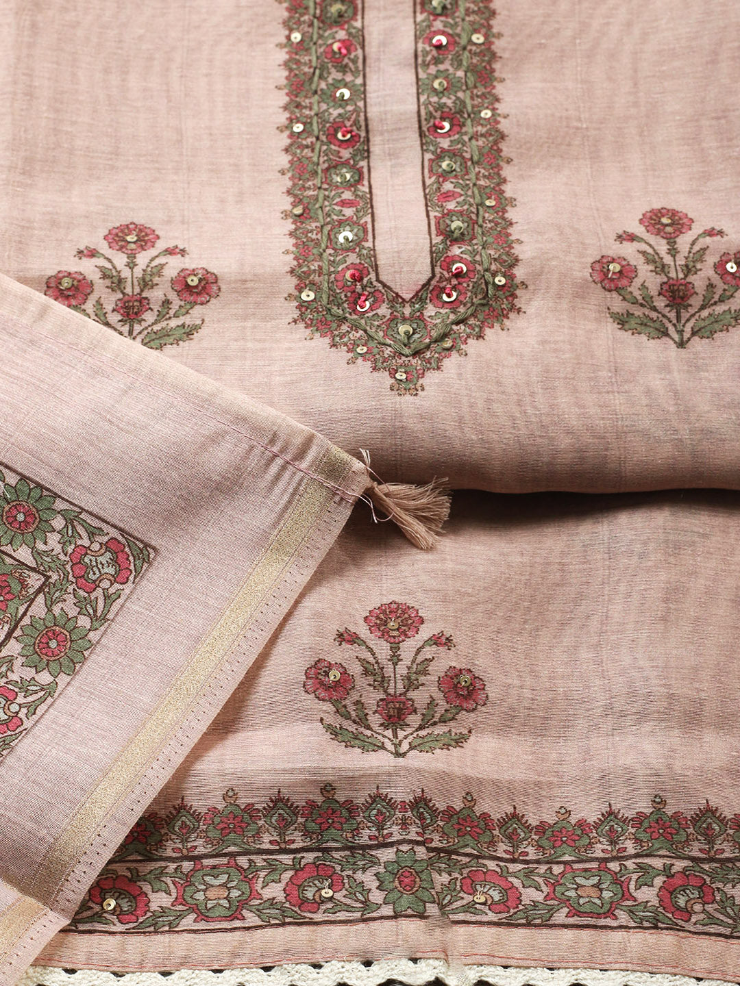 Embroidered Chanderi Unstitched Suit With Pant &amp; Dupatta