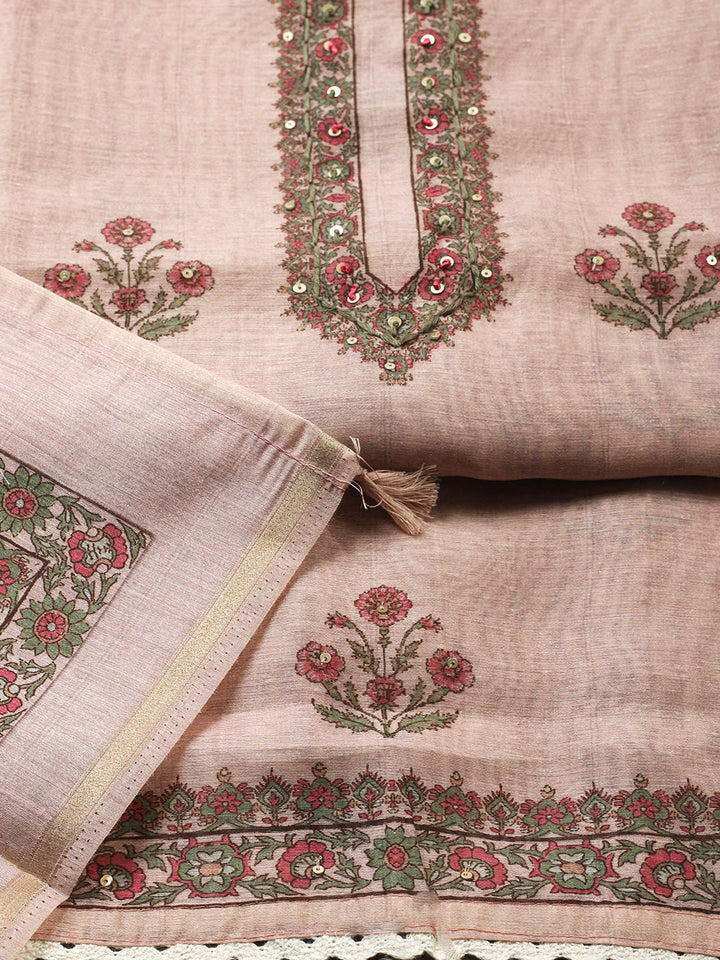 Embroidered Chanderi Unstitched Suit With Pant &amp; Dupatta
