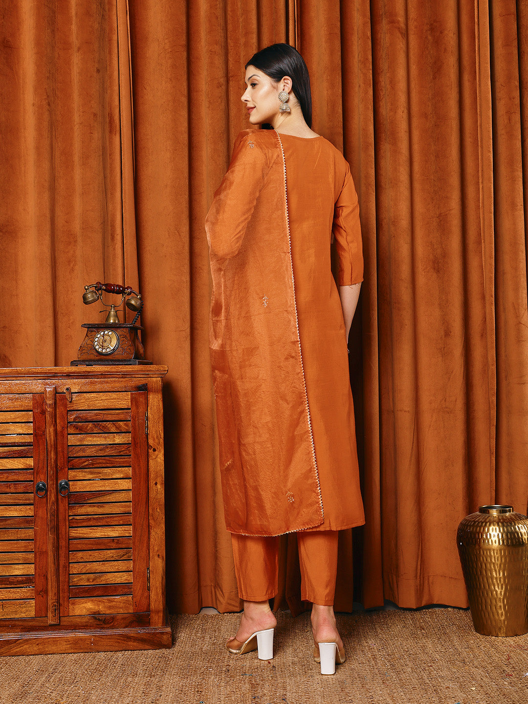 Embroidered Cotton Blend Kurta With Pants &amp; Dupatta