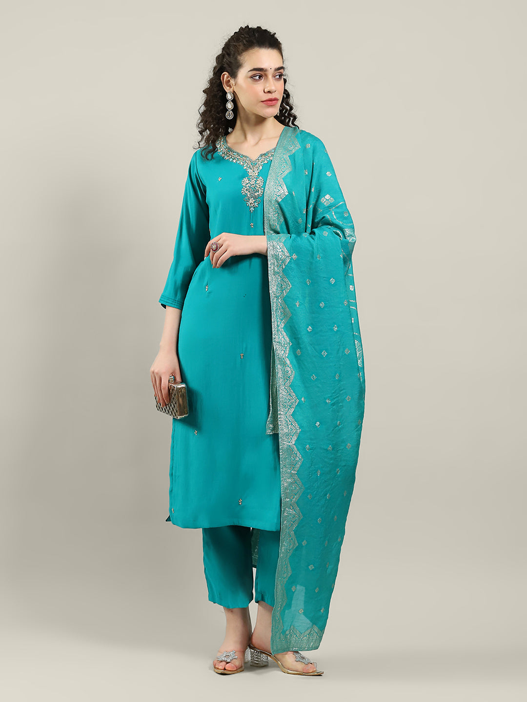 Printed Cotton Blend Kurta With Pants & Dupatta