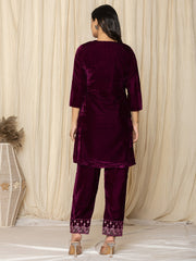 Zari Neck Embroidered Velvet Kurta With Pants