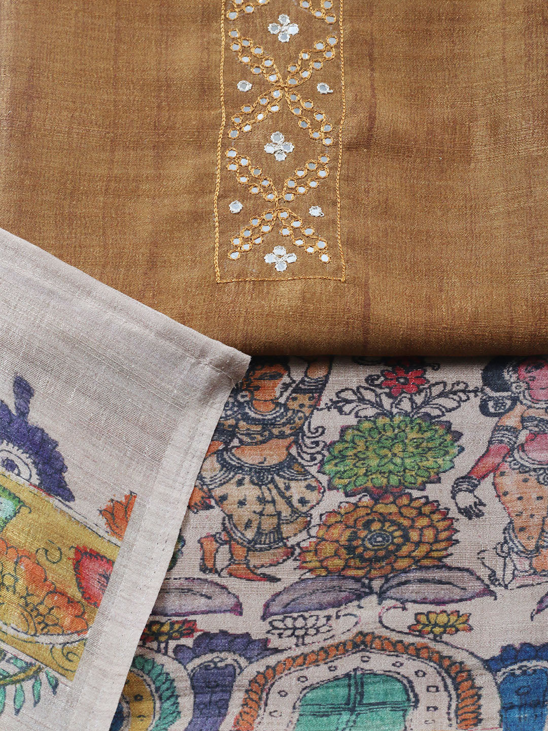 Embroidered Tussar Unstitched Suit With Pant &amp; Dupatta