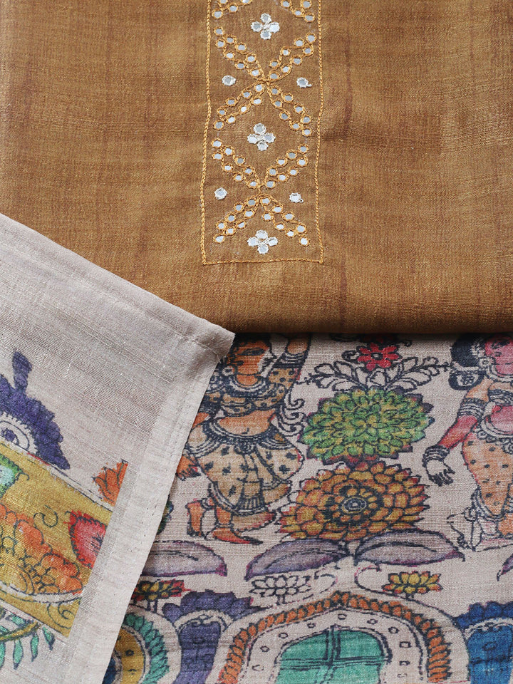 Embroidered Tussar Unstitched Suit With Pant &amp; Dupatta