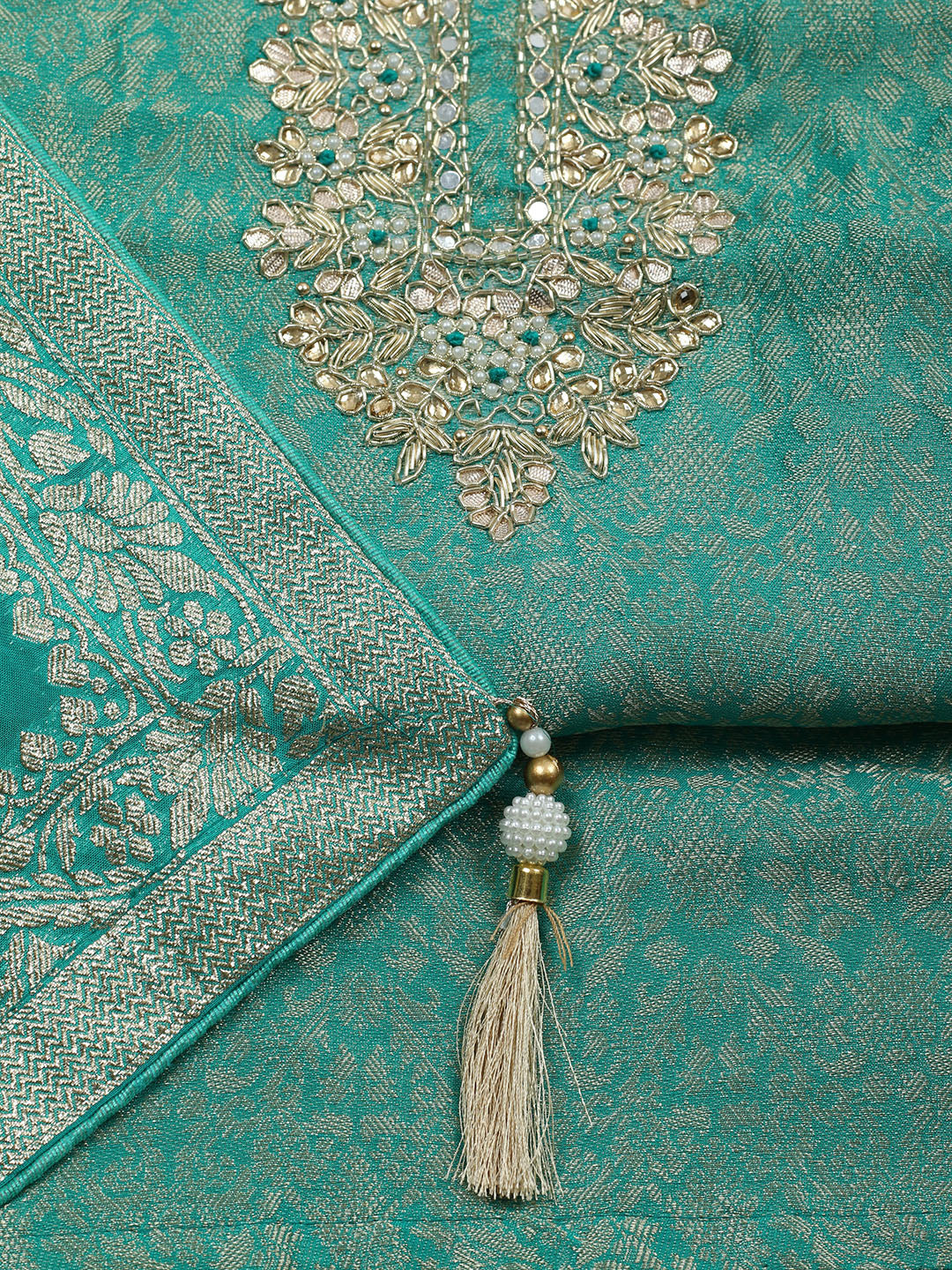 Embroidered Chanderi Unstitched Suit With Pant &amp; Dupatta