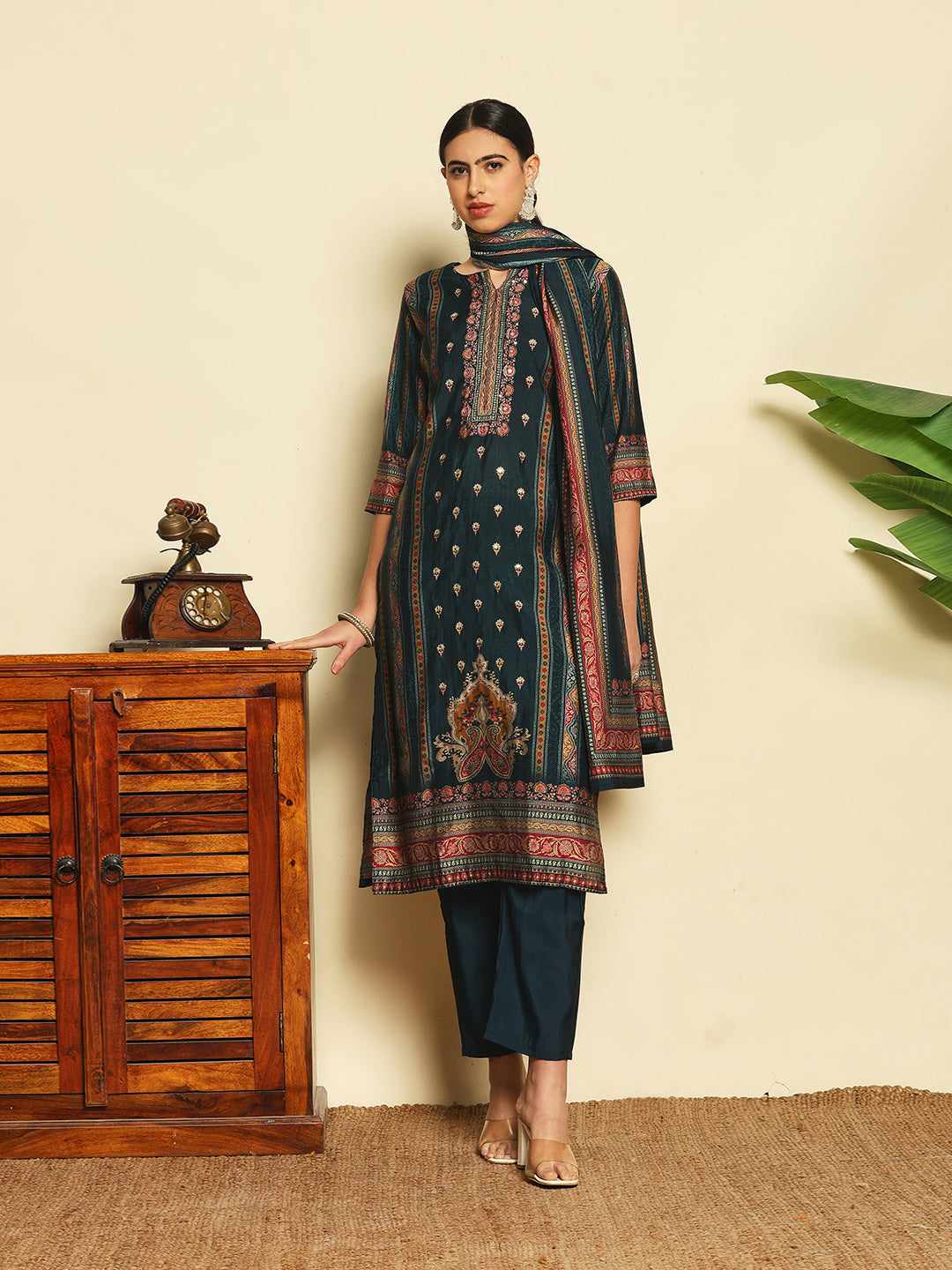 Printed Cotton Blend Kurta With Pants &amp; Dupatta