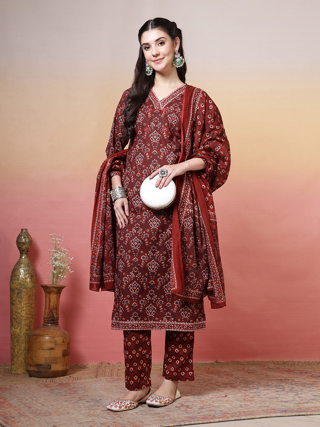 Embroidered Cotton Kurta With Pant &amp; Dupatta