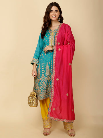 Embroidery Art Silk Suit Set With Dupatta & Salwar