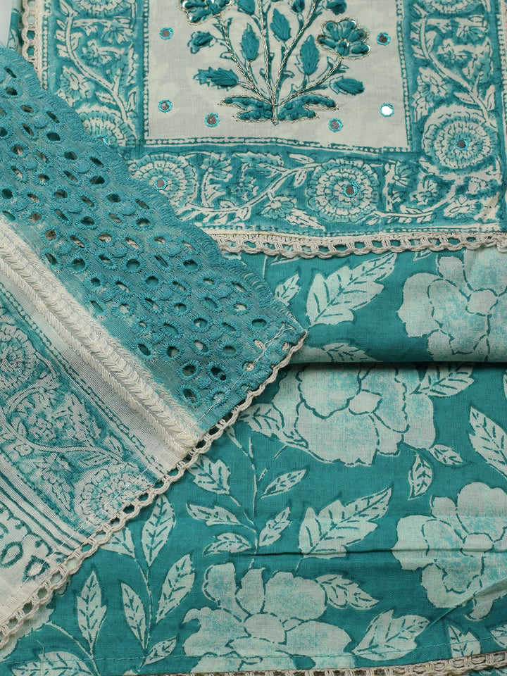 Printed Cotton Blend Unstitched Suit With Pant &amp; Dupatta