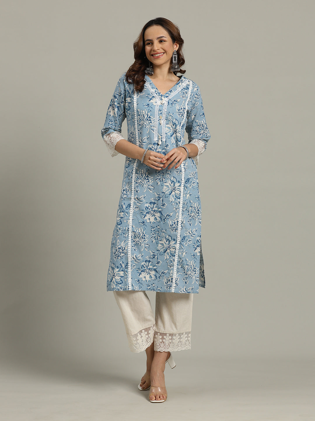 Floral Printed Cotton Blend Kurta With Pants