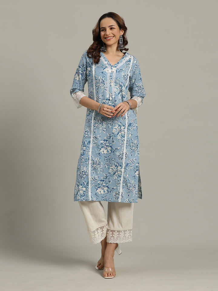 Floral Printed Cotton Blend Kurta With Pants