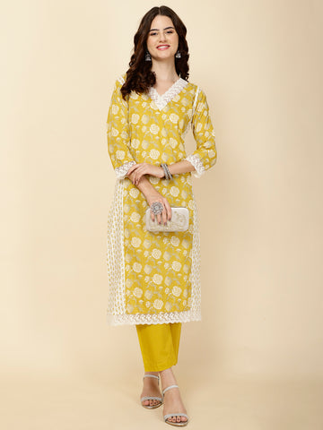 Floral Printed Cotton Straight Kurta With Pants