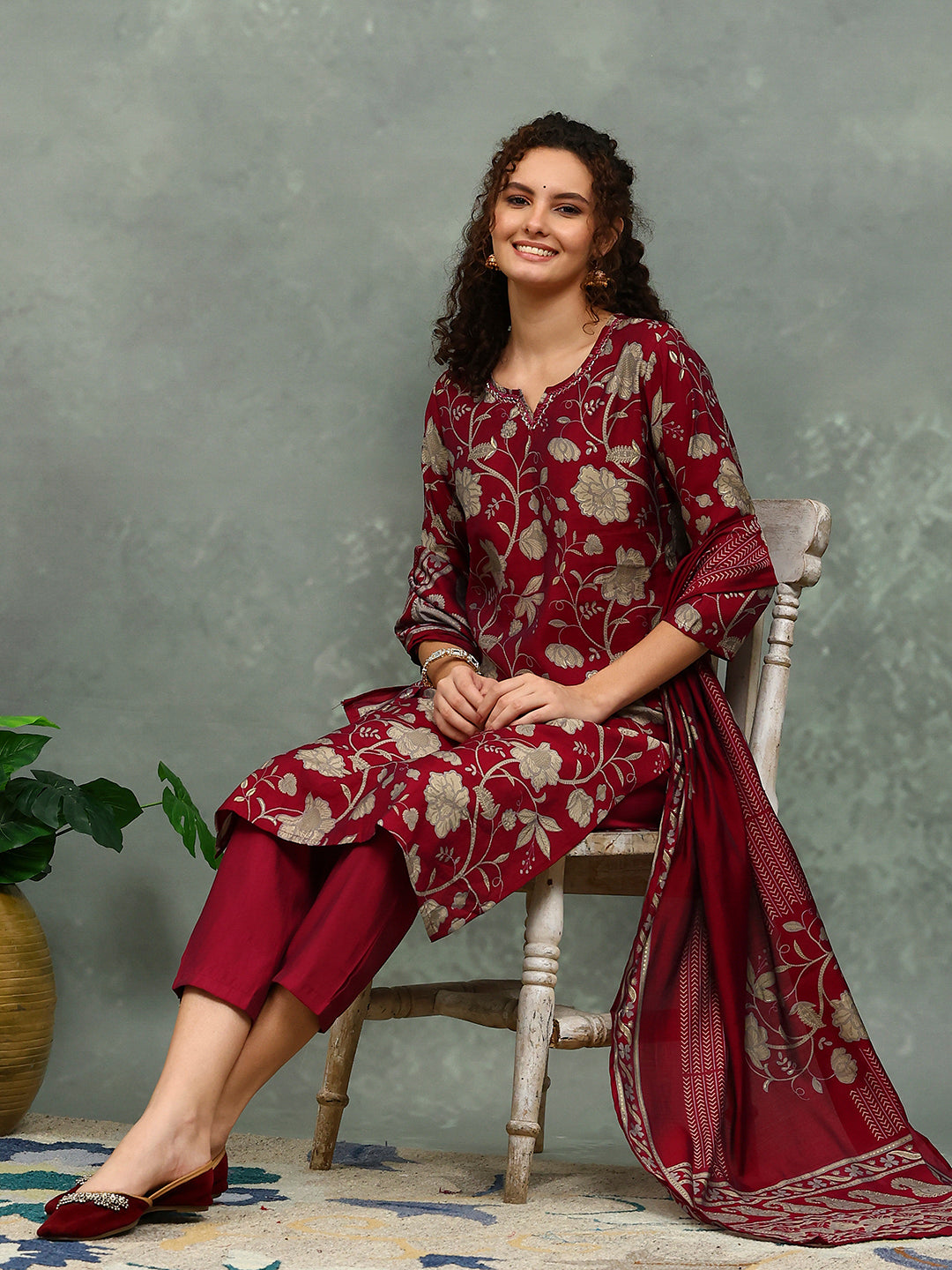 Printed Cotton Blend Kurta With Pants &amp; Dupatta
