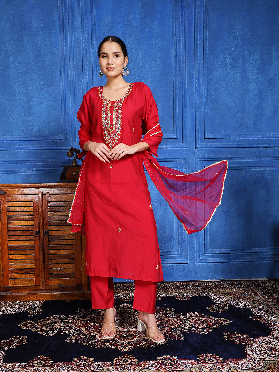Printed Cotton Blend Kurta With Pants & Dupatta