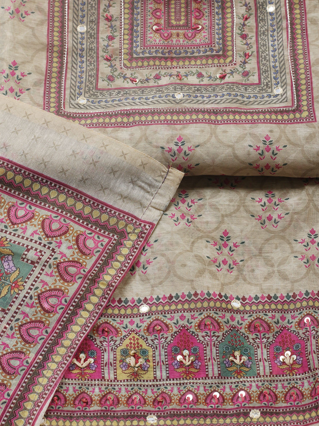 Embellished Chanderi Unstitched Suit With Pant &amp; Dupatta