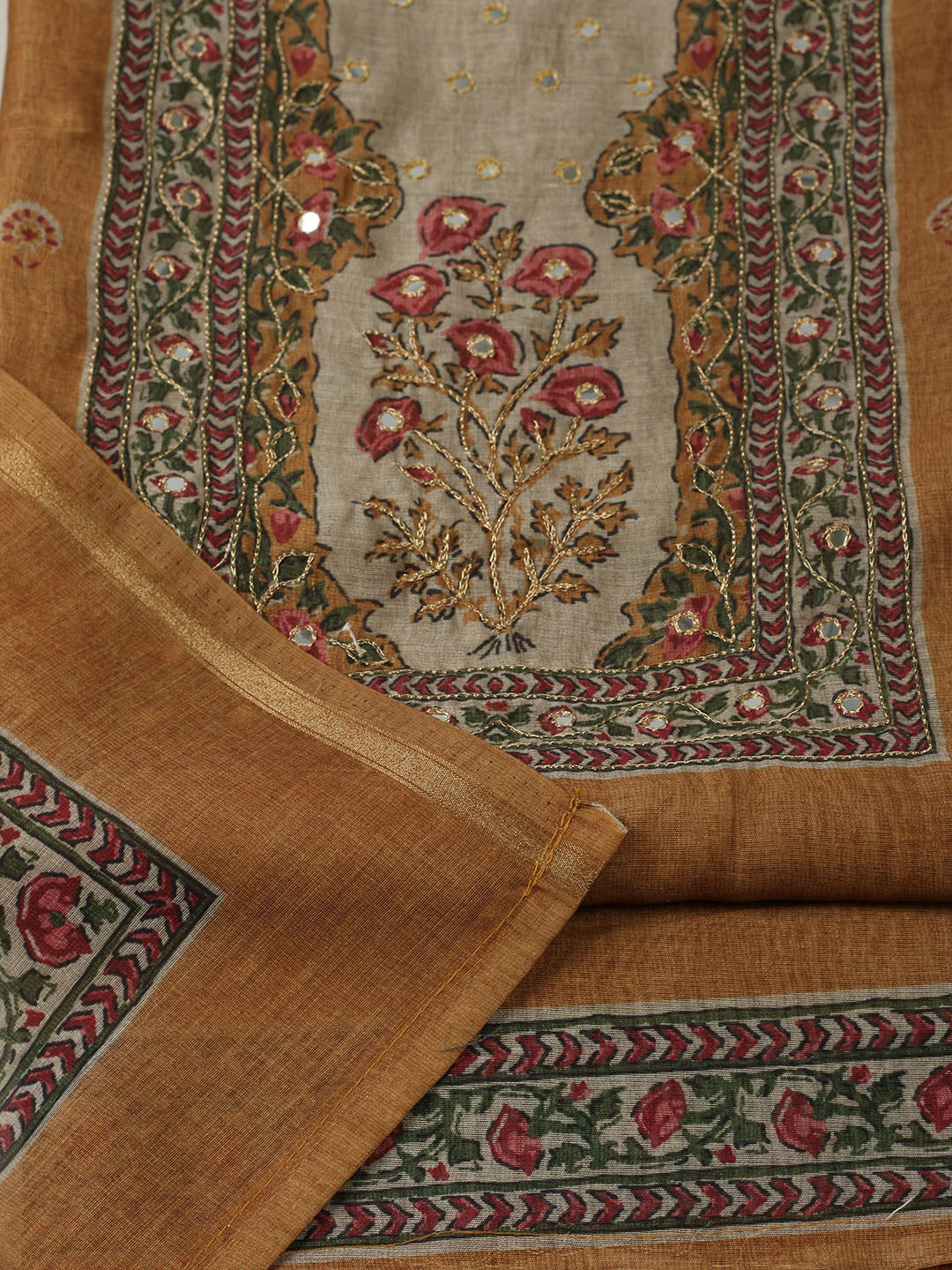 Printed Chanderi Unstitched Suit With Pant &amp; Dupatta